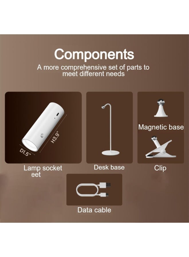 مصباح مكتب لاسلكي للمنزل والمكتب، 4 في 1 مصباح قابل للشحن متعدد الوظائف مع لمسة 3 درجات حرارة للون، مع مشبك، قابل للتعتيم باللمس، صغير ومحمول، للهدايا، أبيض - Image 2