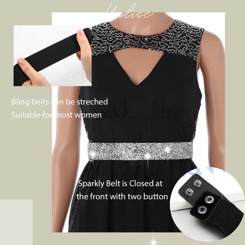 Yalice Balck Rhinestone Dress Belts for Women Elastic Waist Belt Shiny Crystal Wedding Sash Belt for Formal Costume (Silver Rhinestone, Fits Waist Size: 35''-43'') - Image 4