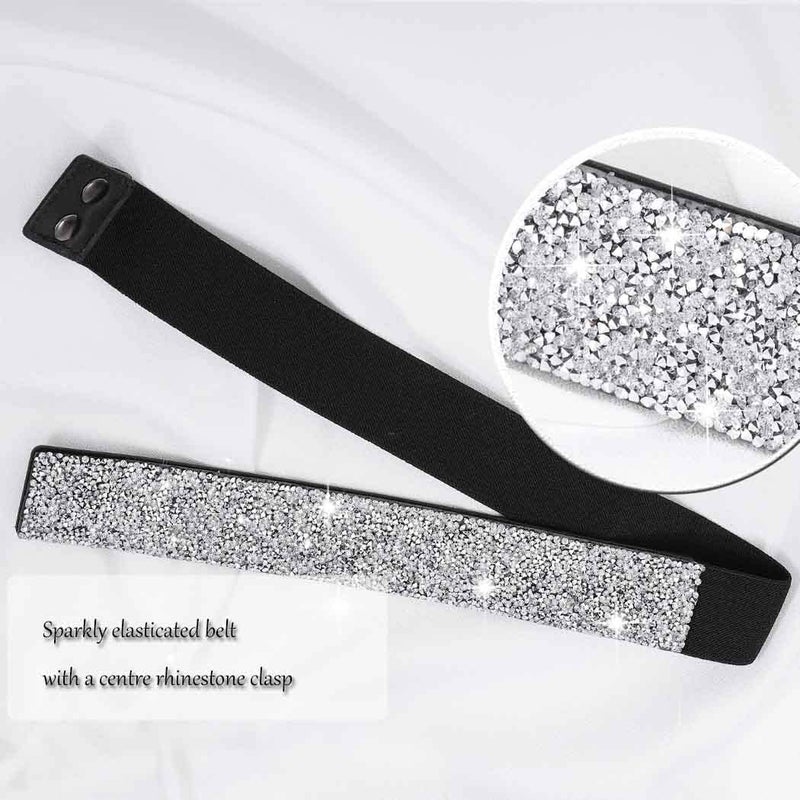 Yalice Balck Rhinestone Dress Belts for Women Elastic Waist Belt Shiny Crystal Wedding Sash Belt for Formal Costume (Silver Rhinestone, Fits Waist Size: 35''-43'') - Image 3