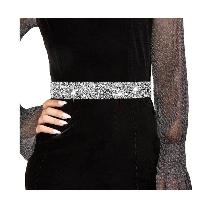 Yalice Balck Rhinestone Dress Belts for Women Elastic Waist Belt Shiny Crystal Wedding Sash Belt for Formal Costume (Silver Rhinestone, Fits Waist Size: 35''-43'') - Image 1