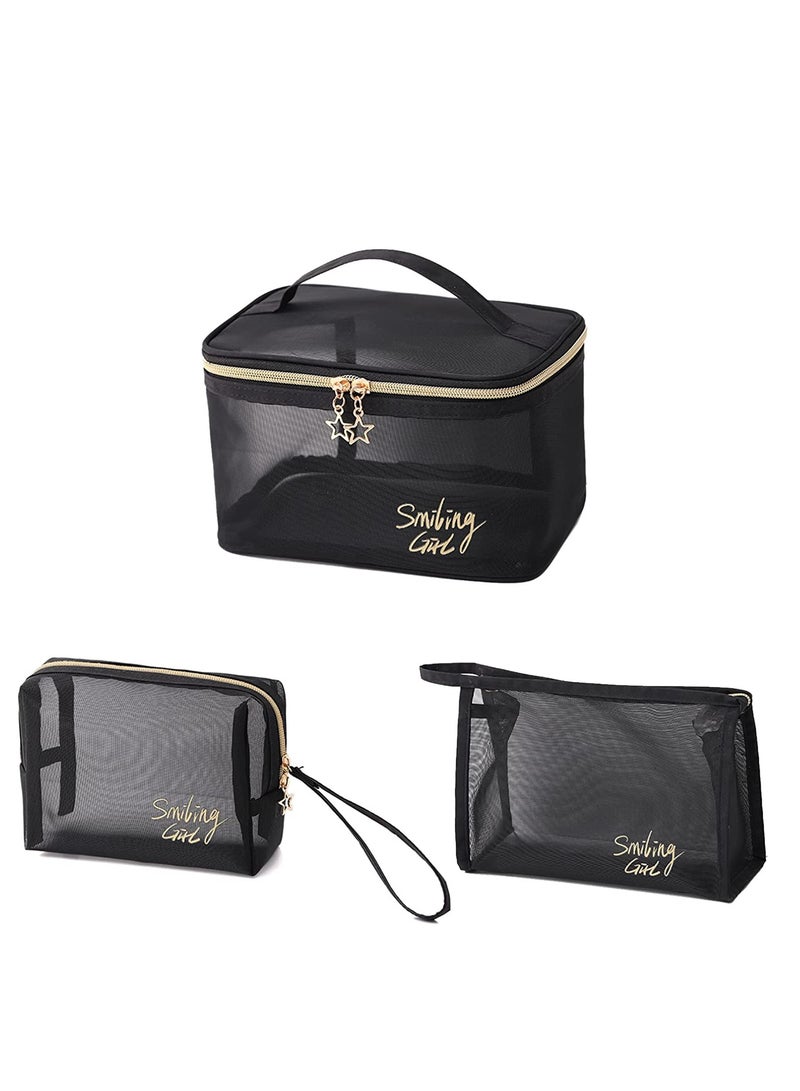 SOLARAE Makeup Bags Portable Travel Cosmetic Bag Waterproof Organizer Multifunction Case with Gold Zipper Mesh Pouch Black Mesh Makeup Bag,Bathroom Toiletries Organizer for Women and Men, 3pcs - Image 1