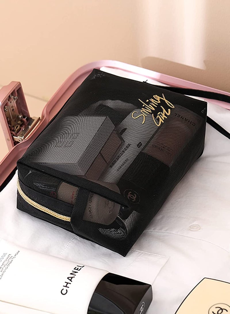 SOLARAE Makeup Bags Portable Travel Cosmetic Bag Waterproof Organizer Multifunction Case with Gold Zipper Mesh Pouch Black Mesh Makeup Bag,Bathroom Toiletries Organizer for Women and Men, 3pcs - Image 4