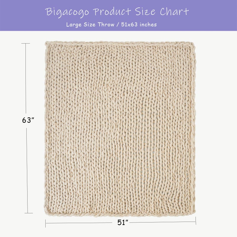 Bigacogo بطانية بيغاكوجو المحبوكة السميكة للكنبة، 51x63 بوصة، مصنوعة يدويًا بنسبة 100% من خيوط الشينيل السميكة، بطانيات كروشيه كبيرة ناعمة ومريحة بحبل عقدة سميكة للسرير والصالون، بيج - Image 2