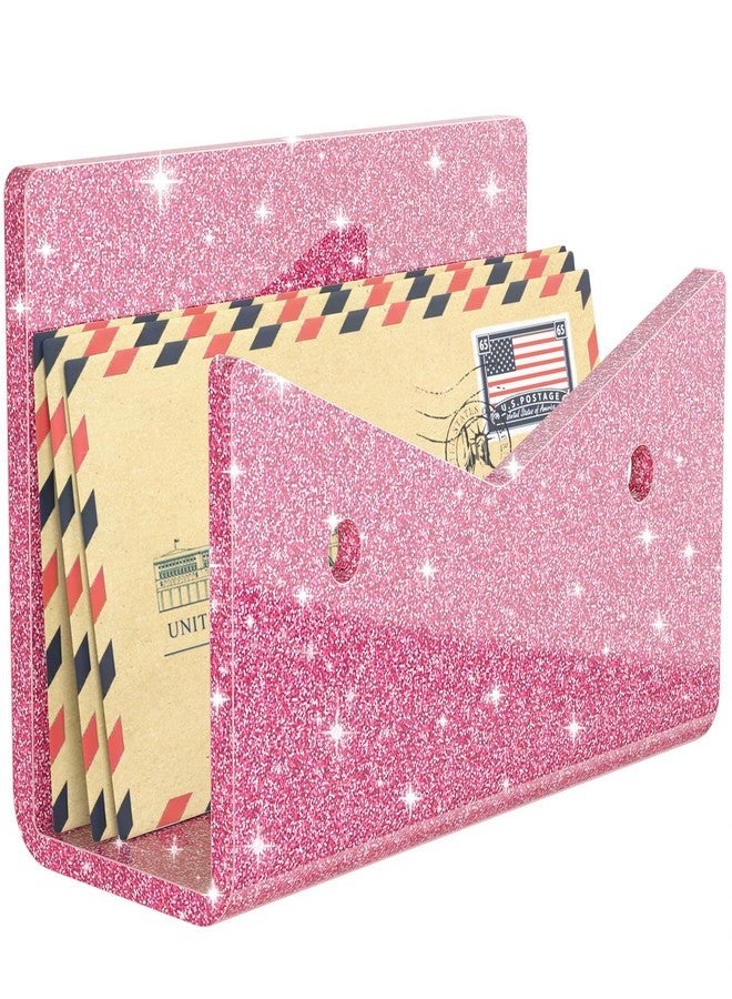 Rulyyo Mail Organizer Envelope Holder - Glitter Pink Acrylic Mail Holder Countertop Vertical Desk Organizer Small File Bill Document Notebook Letter Sorter for Home School Office Supplies - Image 1
