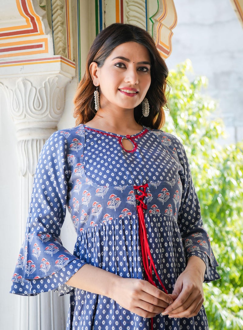 Yash Gallery Rayon Women's Grey Floral Printed Anarkali Regular Fit Kurta (1494Ykgrey, L, Grey), Large - Image 5