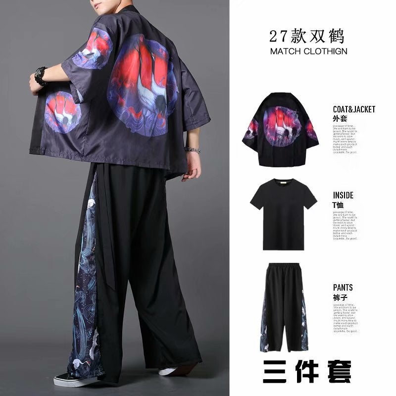 Hanfu Three-Piece Set Summer Chinese Style Robe for Men and Women Couples Fairy Style Loose Straight-Leg Wide-Leg Pants Set Class Clothes 27 Double Crane Black 3-piece Set 