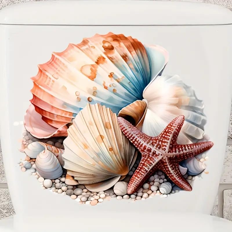 Paleery@FC Ocean Shell Starfish Toilet Cover Sticker Decals,Spring Flower Leaf Butterfly Waterproof Toilet Lid Tank Seat Decals Cistern Self-Adhesive Bathroom Wall Sticker - Image 2