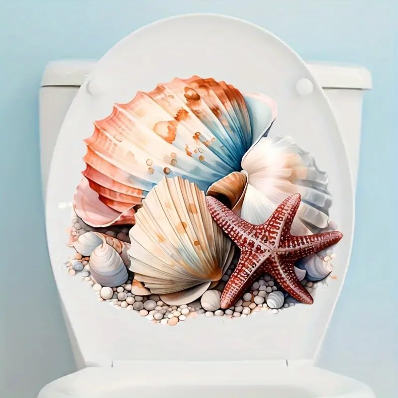 Paleery@FC Ocean Shell Starfish Toilet Cover Sticker Decals,Spring Flower Leaf Butterfly Waterproof Toilet Lid Tank Seat Decals Cistern Self-Adhesive Bathroom Wall Sticker - Image 1