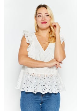 ESPRIT Women V Neck Sleeveless Textured Top, Off White  - Image 1