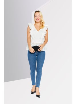 ESPRIT Women V Neck Sleeveless Textured Top, Off White  - Image 2