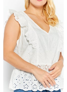 ESPRIT Women V Neck Sleeveless Textured Top, Off White  - Image 3