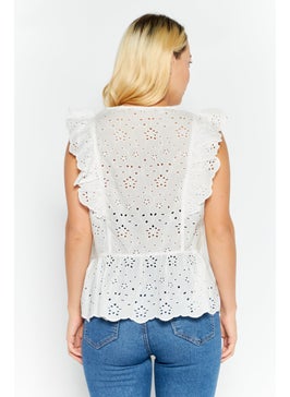 ESPRIT Women V Neck Sleeveless Textured Top, Off White  - Image 4