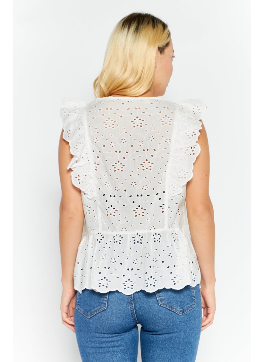 ESPRIT Women V Neck Sleeveless Textured Top, Off White  - Image 4