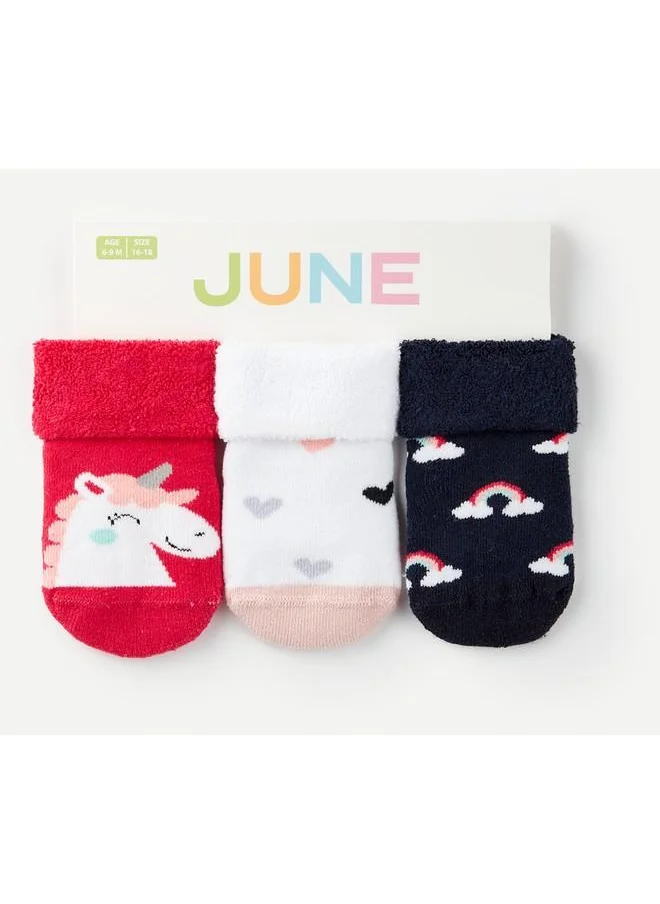 جون June 3 Pieces Towel Non-Slip Unicorn Patterned Baby Socks Pink