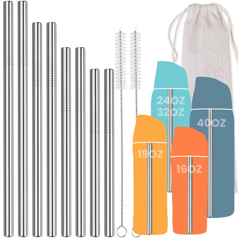 NiHome 8PCS Stainless Steel Straws for Owala Water Bottle, 4 Lengths Compatible with FreeSip 19oz 24oz 32oz 40oz, Tritan 25oz, Kidsâ€™ FreeSip 16oz, with Cleaning Brush & Travel Storage Bag (Silver) - Image 1