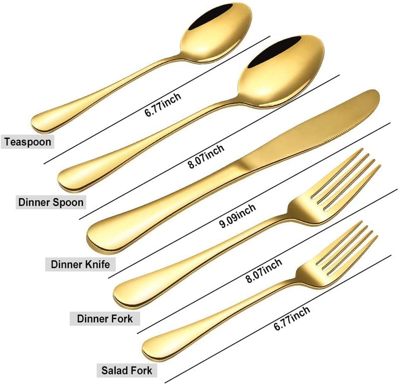 Trifecta Golden Flatware Cutlery Silverware Spoon 5 PCs Tableware with Titanium Plated Stainless Steel Colorful Include KnifeForkSpoon Western Eating Utensil Set Dishwasher Safe Golden 5 - Image 5