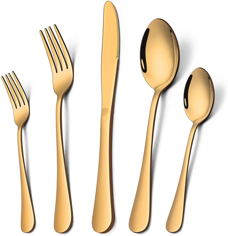 Trifecta Golden Flatware Cutlery Silverware Spoon 5 PCs Tableware with Titanium Plated Stainless Steel Colorful Include KnifeForkSpoon Western Eating Utensil Set Dishwasher Safe Golden 5 - Image 1