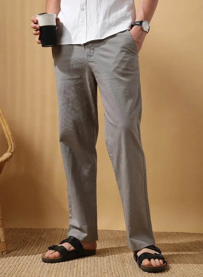 Dennis Lingo Men's Grey 100% Cotton Solid Pattern Full Length Chinos Straight Fit Trouser