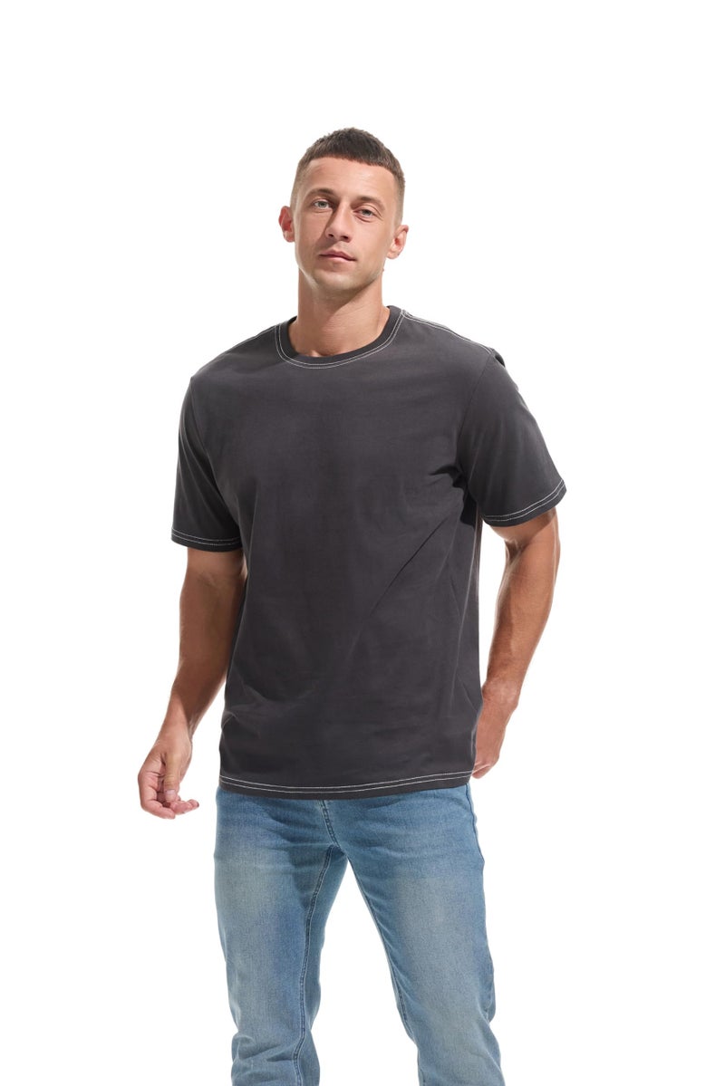 VEIISAR Men's Heavy Weight Crew Neck T-Shirt - Mens Premium Cotton Thick Tee Pre Shrunk Dark Grey XXXL - Image 3