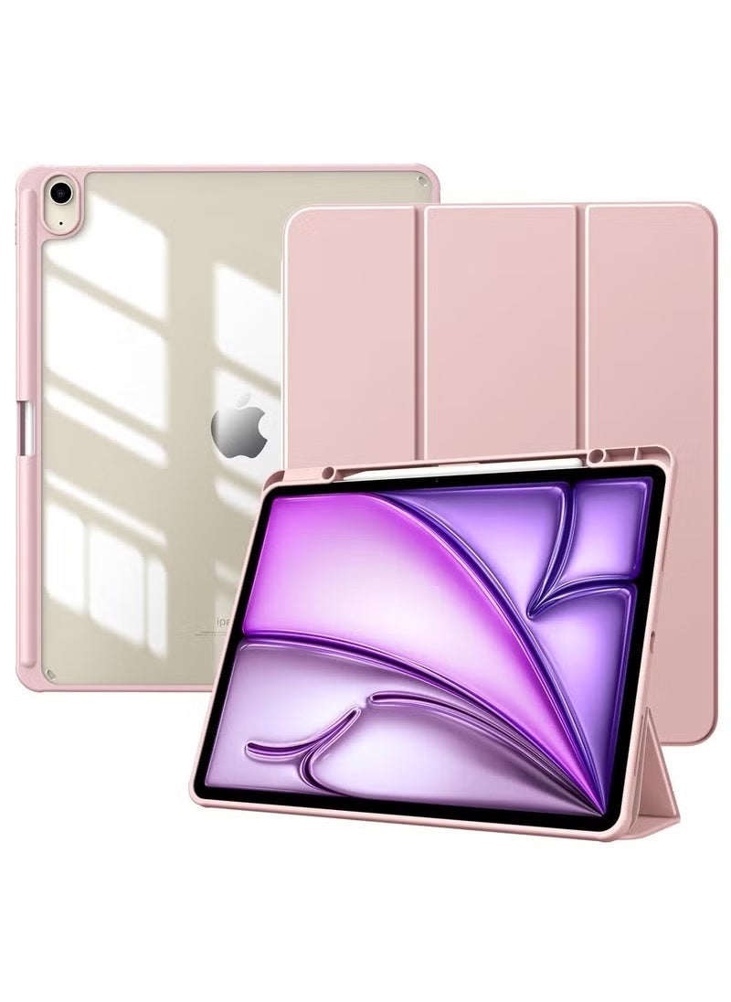 MUDISO Case for New iPad Air 13 Inch M3 M2 2025/2024 – Slim Protective Cover with Pencil Holder | Clear Transparent Back Shell + Auto Wake Sleep Magnetic Front | Lightweight Trifold Stand Case in Pink