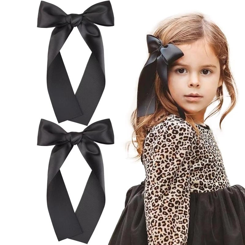 NCMAMA 2Pcs Long Ribbon Hair Bows for Girls Hair Clip Silk Hair Bow Ribbon Hair Accessories for Baby Toddlers Infant Teens Kids Black