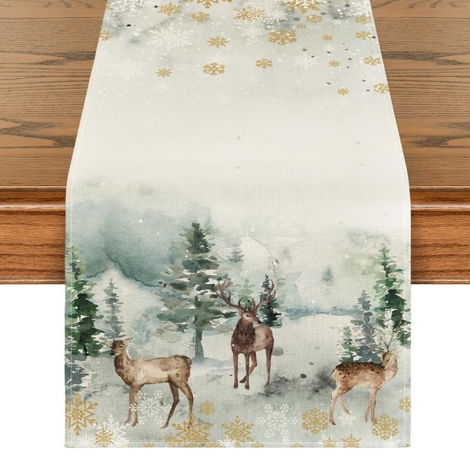 WATERCOLOR DEER TREES SNOWFLAKES CHRISTMAS TABLE RUNNER SEASONAL WINTER XMAS HOLIDAY KITCHEN DINING TABLE DECORATION FOR HOME PARTY DECOR 13X120 INCH