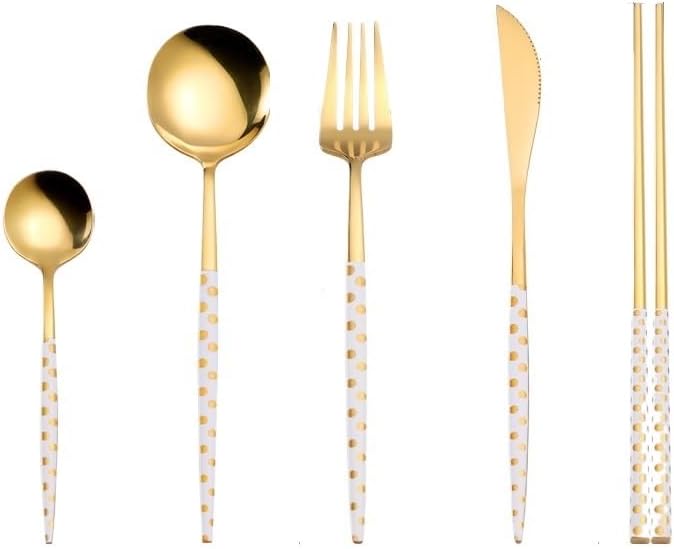 Silverware Flatware Set, 5/20/30/40/50/60 Pieces Stainless Steel Spoons, Chopsticks, Creative Polka Dot Steak Knife, Fork and Spoon Set, Portuguese Hotel Househ,White-10Set-50Pcs - Image 1