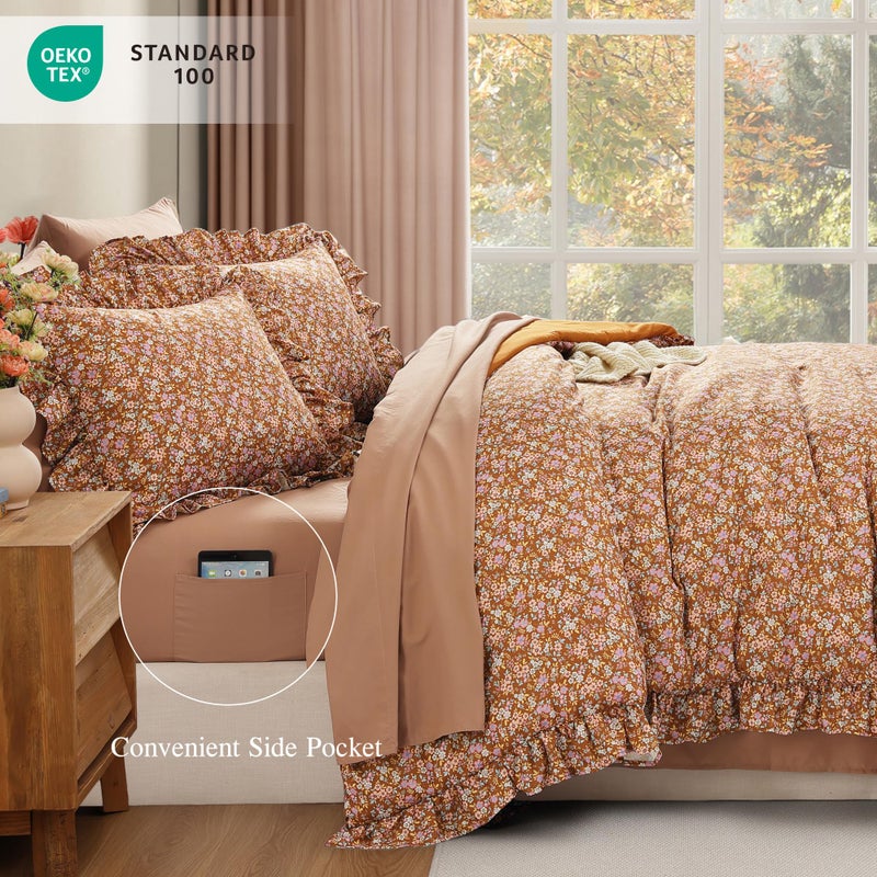 BLOOMHAVEN King Comforter Set - 7 Pieces Ruffle Brown Bedding Sets, Shabby Chic Farmhouse Bed in a Bag with Ruffle Comforter, Sheets, Pillowcases & Shams - Image 3