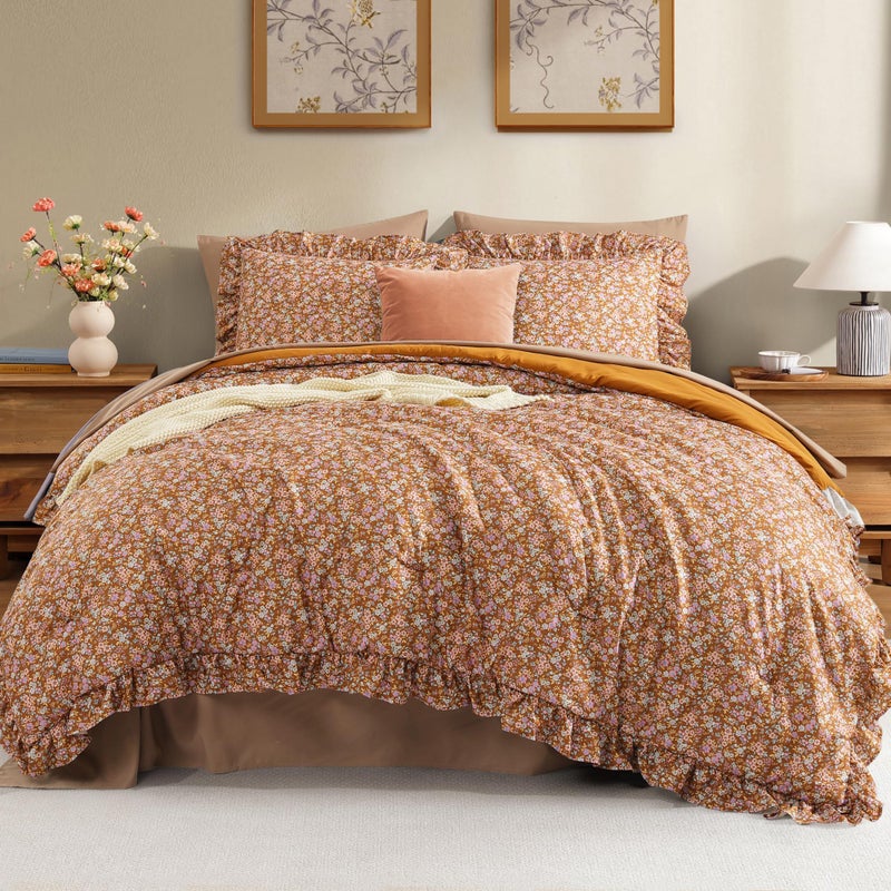BLOOMHAVEN King Comforter Set - 7 Pieces Ruffle Brown Bedding Sets, Shabby Chic Farmhouse Bed in a Bag with Ruffle Comforter, Sheets, Pillowcases & Shams - Image 1