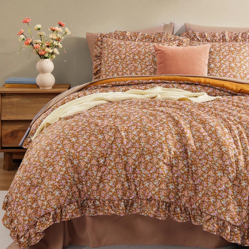 BLOOMHAVEN King Comforter Set - 7 Pieces Ruffle Brown Bedding Sets, Shabby Chic Farmhouse Bed in a Bag with Ruffle Comforter, Sheets, Pillowcases & Shams - Image 5