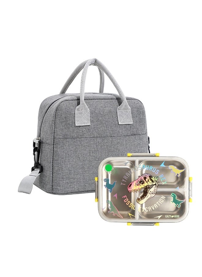 Eazy Kids Eazy Kids 3 Compartment Stainless Steel bento Lunch Box, 800ml w/ Lunch Bag - T- Rex Purple  - Image 1