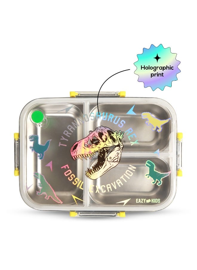Eazy Kids Eazy Kids 3 Compartment Stainless Steel bento Lunch Box, 800ml w/ Lunch Bag - T- Rex Purple  - Image 2