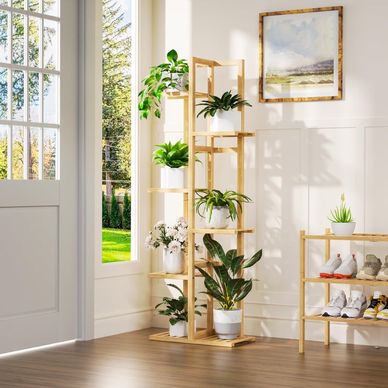 ROMGUAR CRAFT 6 Tier Bamboo Plant Stand Indoor, Wood Tall Flower Holder Corner Tiered Plant Shelf for Multiple Plants (Natural) - Image 2