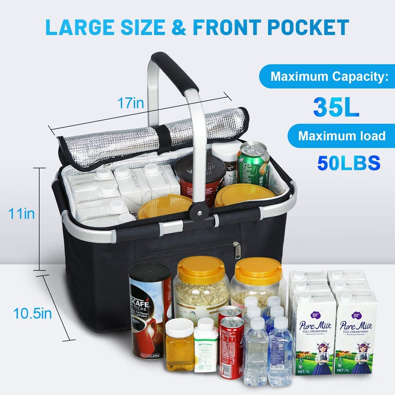 LIQING 35L Large Picnic Basket 2 Layers of Internal Pockets Leak-Proof and Insulated ï¼ŒFolding with Internal Support for enhansed Stability, Wedding Gifts for Couple(Black) - Image 2