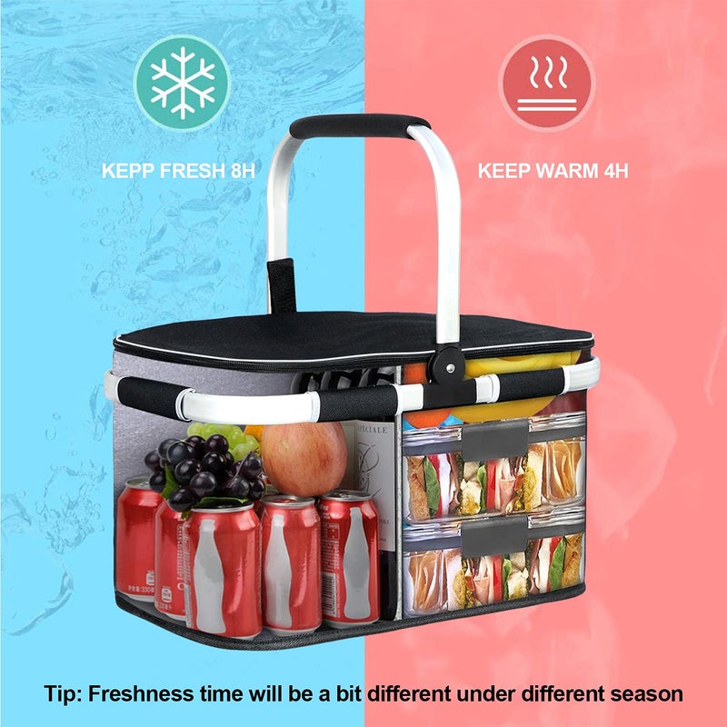 LIQING 35L Large Picnic Basket 2 Layers of Internal Pockets Leak-Proof and Insulated ï¼ŒFolding with Internal Support for enhansed Stability, Wedding Gifts for Couple(Black) - Image 5