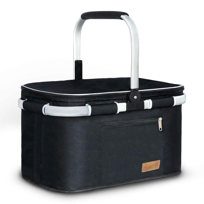 LIQING 35L Large Picnic Basket 2 Layers of Internal Pockets Leak-Proof and Insulated ï¼ŒFolding with Internal Support for enhansed Stability, Wedding Gifts for Couple(Black) - Image 1