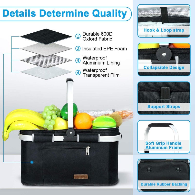LIQING 35L Large Picnic Basket 2 Layers of Internal Pockets Leak-Proof and Insulated ï¼ŒFolding with Internal Support for enhansed Stability, Wedding Gifts for Couple(Black) - Image 3