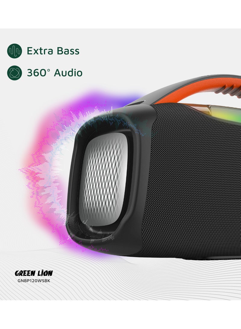 GREEN LION Beam Pro Portable Speaker with Microphone 120W / Extra Bass /  360° Audio / 8 Light Modes / Long Playing Hours /AUX/USB/TF/MIC / Music / Parties - Black - Image 5