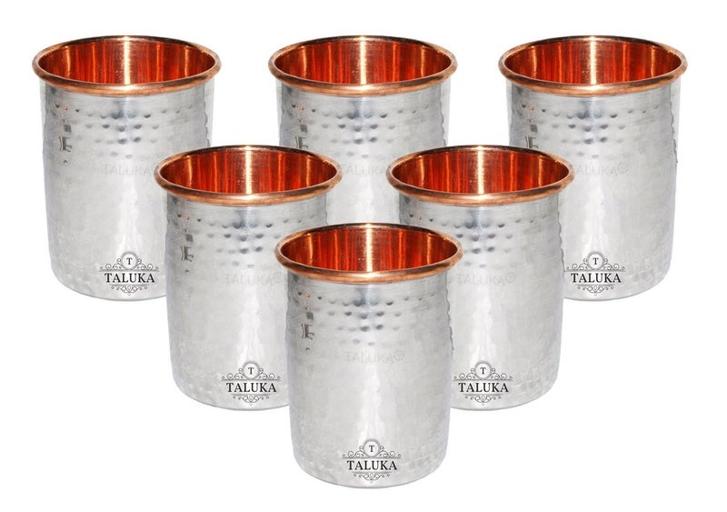 Taluka 4 x 3 Inches Stainless Steel Copper Hammered Glass 300 ML 6 PC Round Water Serving Purpose Glass Tumbler Drinkware Good Health Benefits Yoga Ayurveda - Image 1