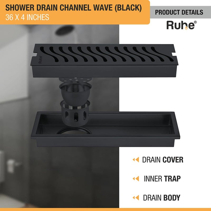 RUHE قناة تصريف الدش Ruhe Wave 36 4 بوصات من الفولاذ المقاوم للصدأ 304 مع طلاء PVD الأسود، قناة تصريف مياه الدش مع فخ الصراصير وفتحة جانبية وقلنسوة - Image 3
