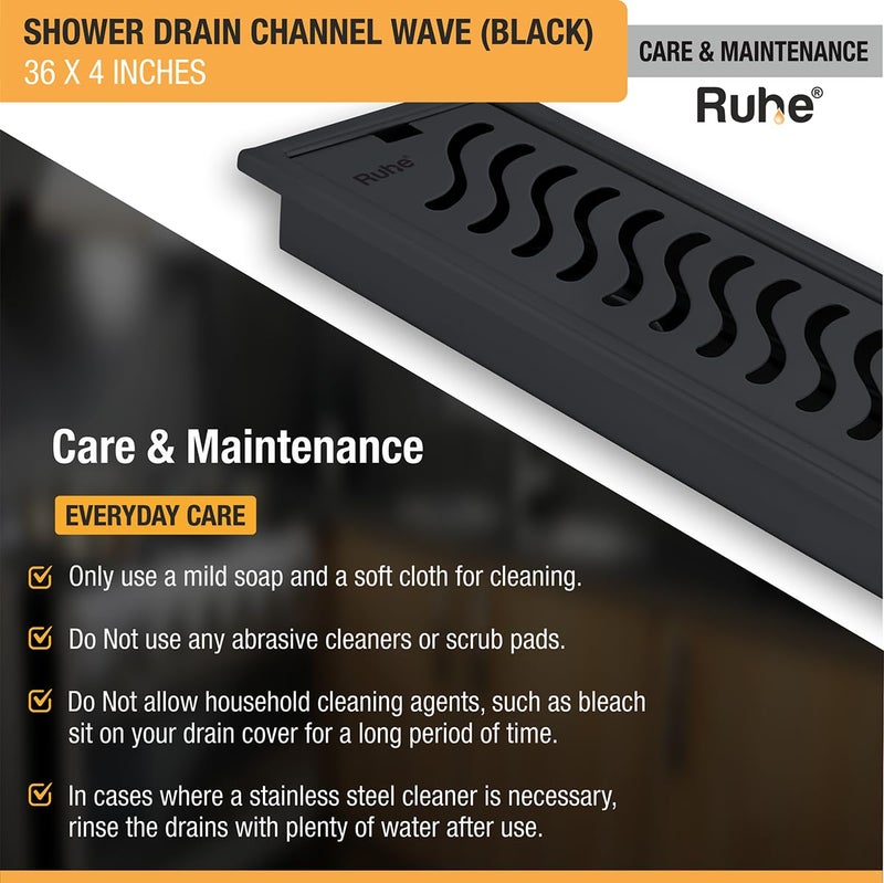 RUHE قناة تصريف الدش Ruhe Wave 36 4 بوصات من الفولاذ المقاوم للصدأ 304 مع طلاء PVD الأسود، قناة تصريف مياه الدش مع فخ الصراصير وفتحة جانبية وقلنسوة - Image 5