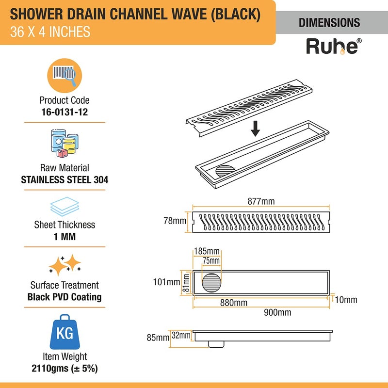RUHE قناة تصريف الدش Ruhe Wave 36 4 بوصات من الفولاذ المقاوم للصدأ 304 مع طلاء PVD الأسود، قناة تصريف مياه الدش مع فخ الصراصير وفتحة جانبية وقلنسوة - Image 2