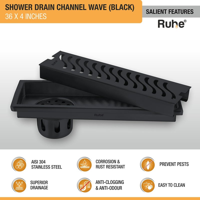 RUHE قناة تصريف الدش Ruhe Wave 36 4 بوصات من الفولاذ المقاوم للصدأ 304 مع طلاء PVD الأسود، قناة تصريف مياه الدش مع فخ الصراصير وفتحة جانبية وقلنسوة - Image 4