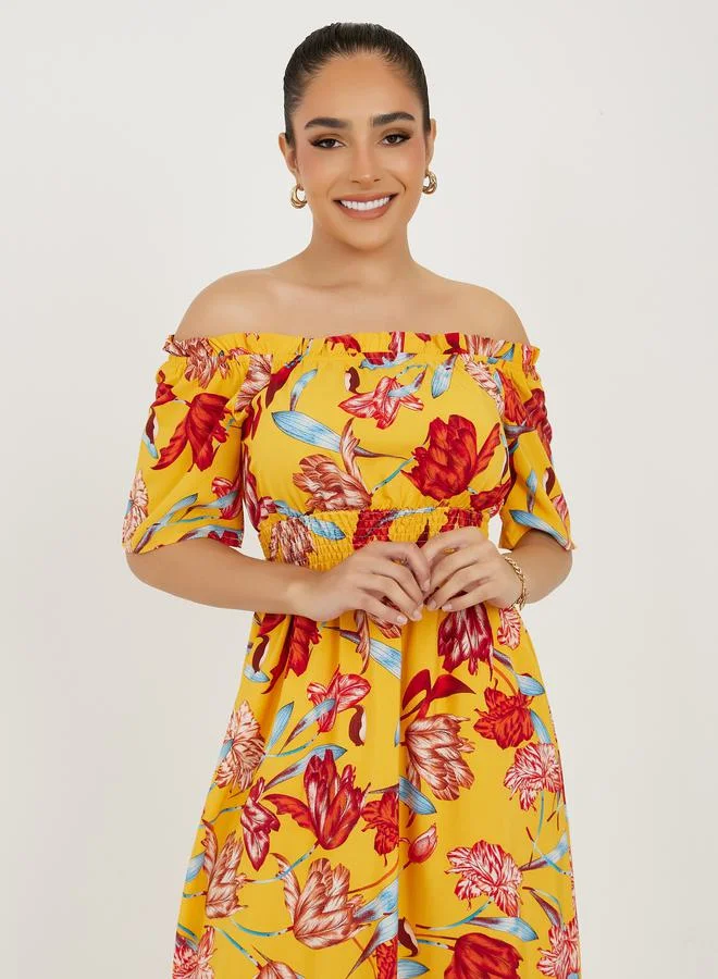 تايك تو Off Shoulder Neck Floral Print A-Line Midi Dress
