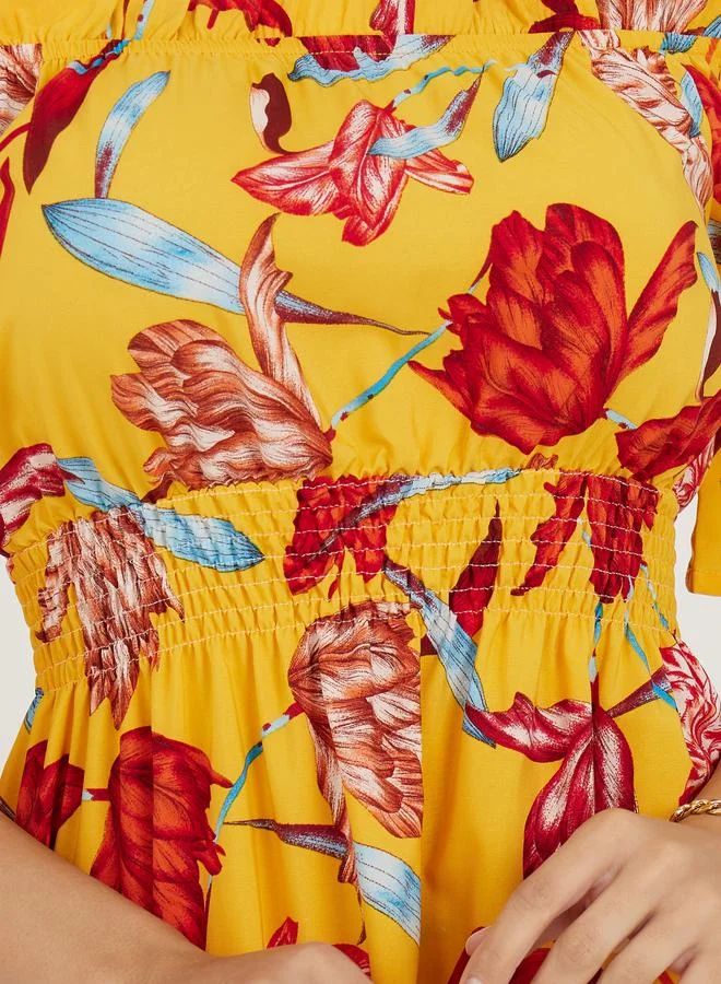 تايك تو Off Shoulder Neck Floral Print A-Line Midi Dress