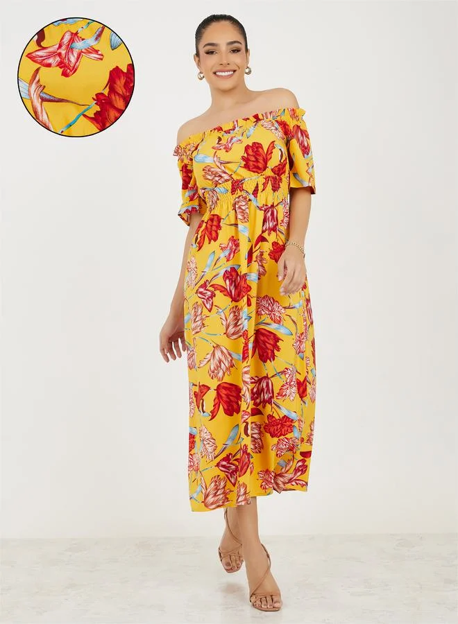 تايك تو Off Shoulder Neck Floral Print A-Line Midi Dress