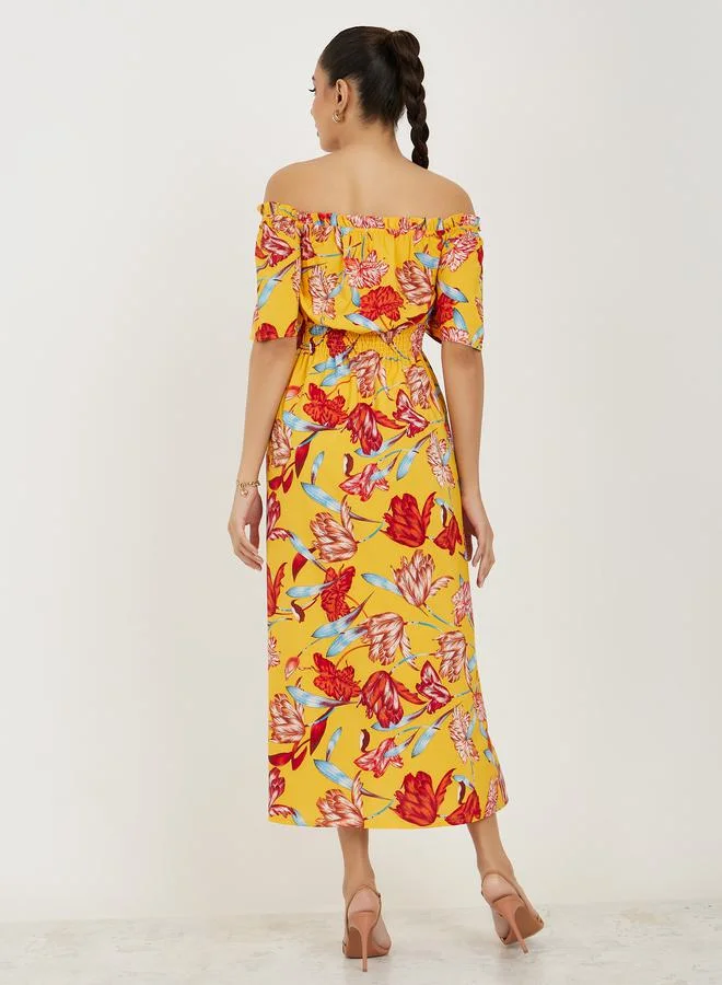 تايك تو Off Shoulder Neck Floral Print A-Line Midi Dress