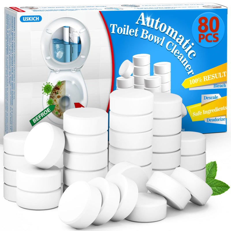 USKICH 80PCS Toilet Bowl Cleaner Tablets Bathroom Automatic Toilet Tank Cleaners with Bleach, Slow-Releasing Household Toilet Cleaners for Deodorizing - Image 1