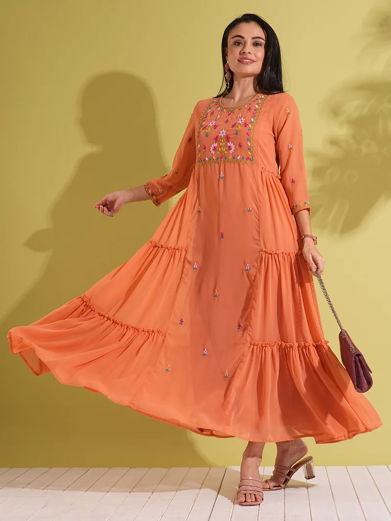 globus Globus Women Floral Embroidered Yoke Georgette Tiered A-Line Maxi Fusion Dress