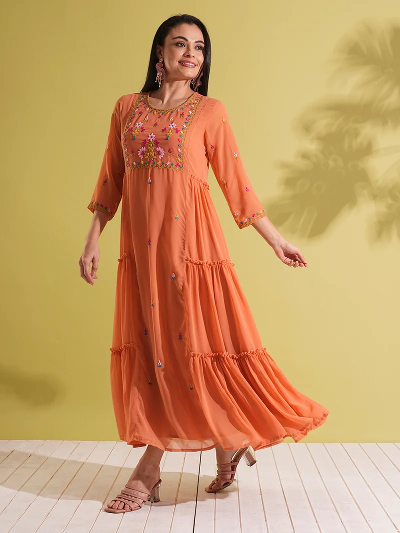globus Globus Women Floral Embroidered Yoke Georgette Tiered A-Line Maxi Fusion Dress